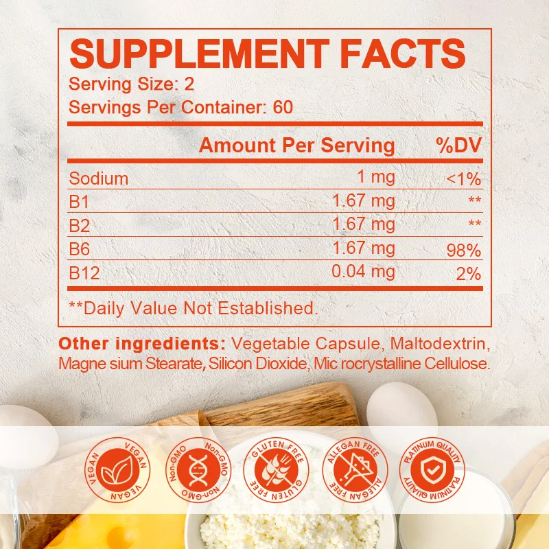 Orgeuos Vitamin B1 B2 B6 B12 Complex Powder Capsules 60pcs Vitamin B Complex Capsule