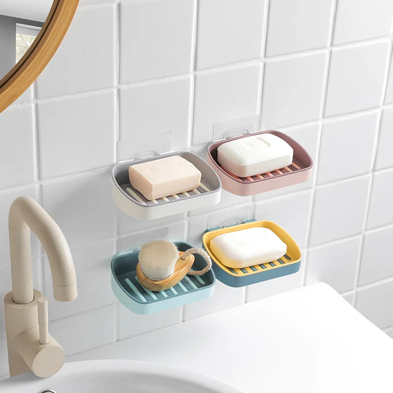 HelloWorld Soap Holder Suction Cup Soap Dish Drain Bathroom Storage Box Free Punching Plastic Wall Hanging Paste Tray Bathroom Accessories