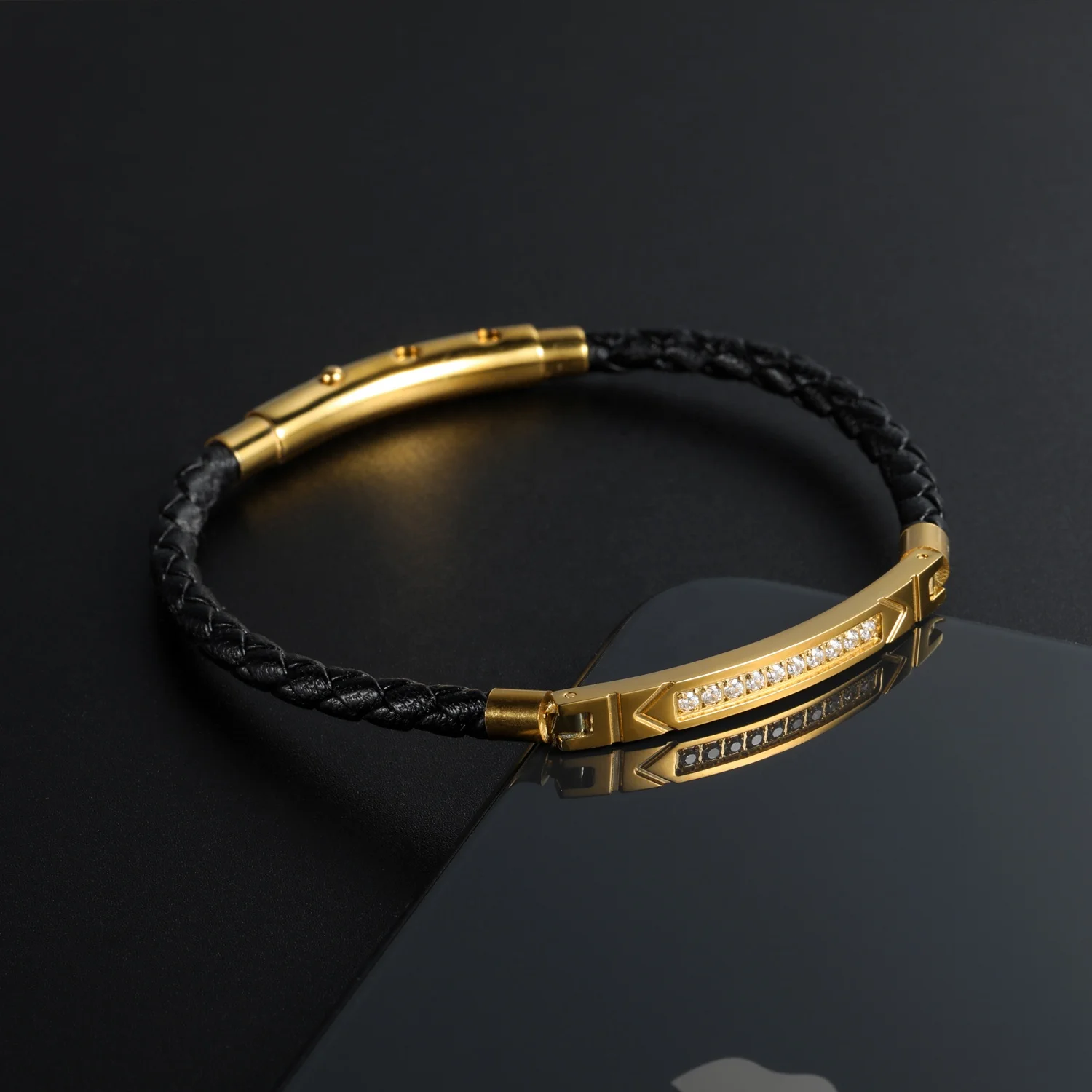 Fashion Jewelry Bracelets Gold Plated Zircon Stainless Steel Custom Mens Leather Bracelet