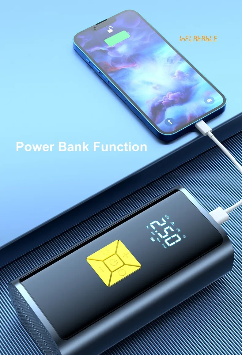 Portable Auto Tire Inflator Pump LED Light Fast Inflating Tire Pressure Detection Power Bank Function Wireless Inflation Pump