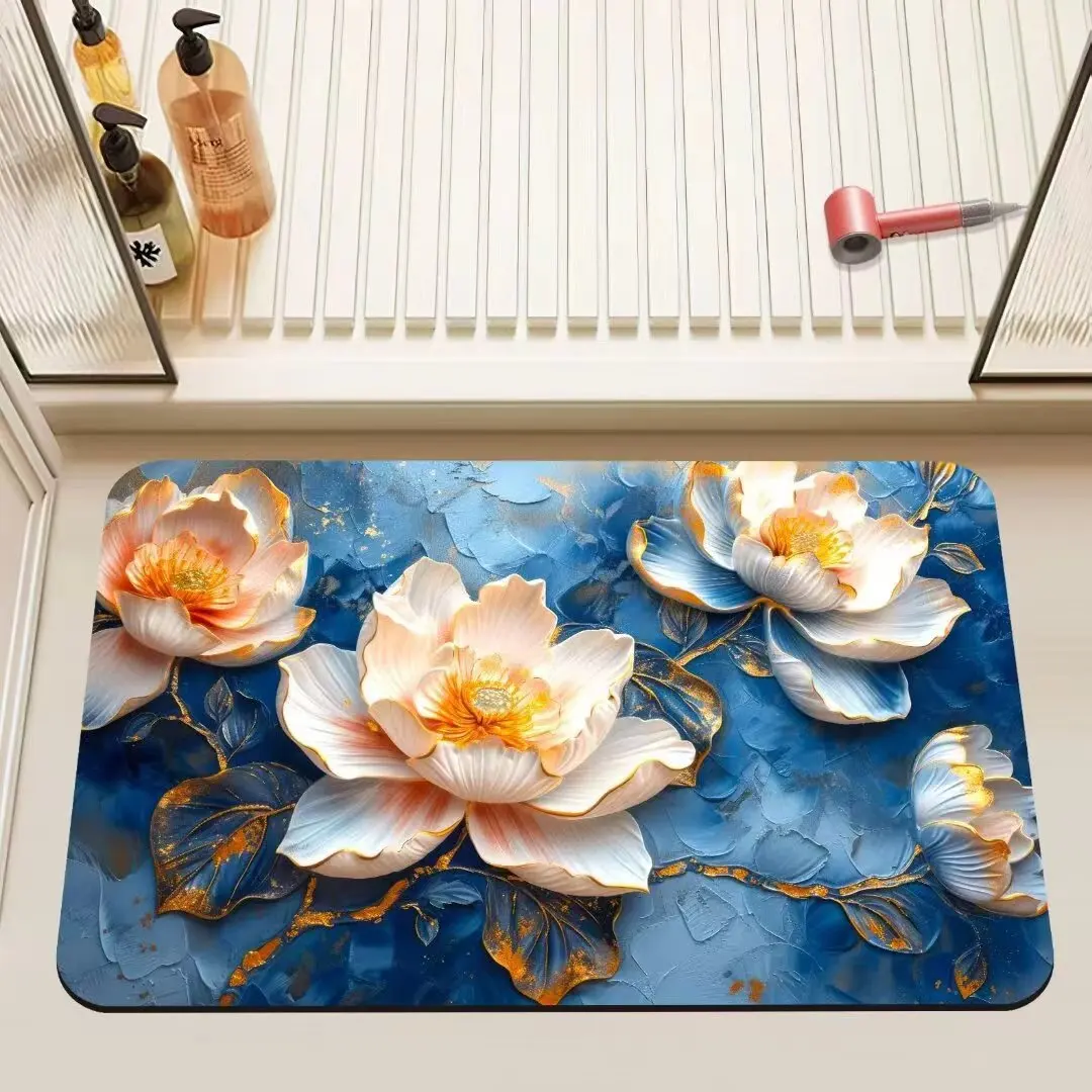 Digital printed 3D visual diatomite non-slip  bath mat for bathroom Fast foot drying shower mat