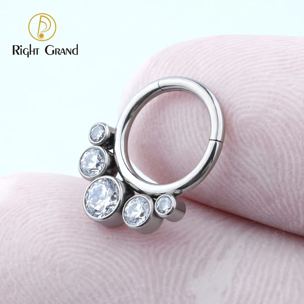 ASTM F136 Titanium Bezel Setting Cubic Zircon Round Nose Clicker Piercing Jewelry