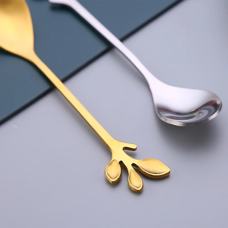 Stainless steel mike spoon Ice cream dessert spoon fork Leaf shape Coffee spoon with colorful
