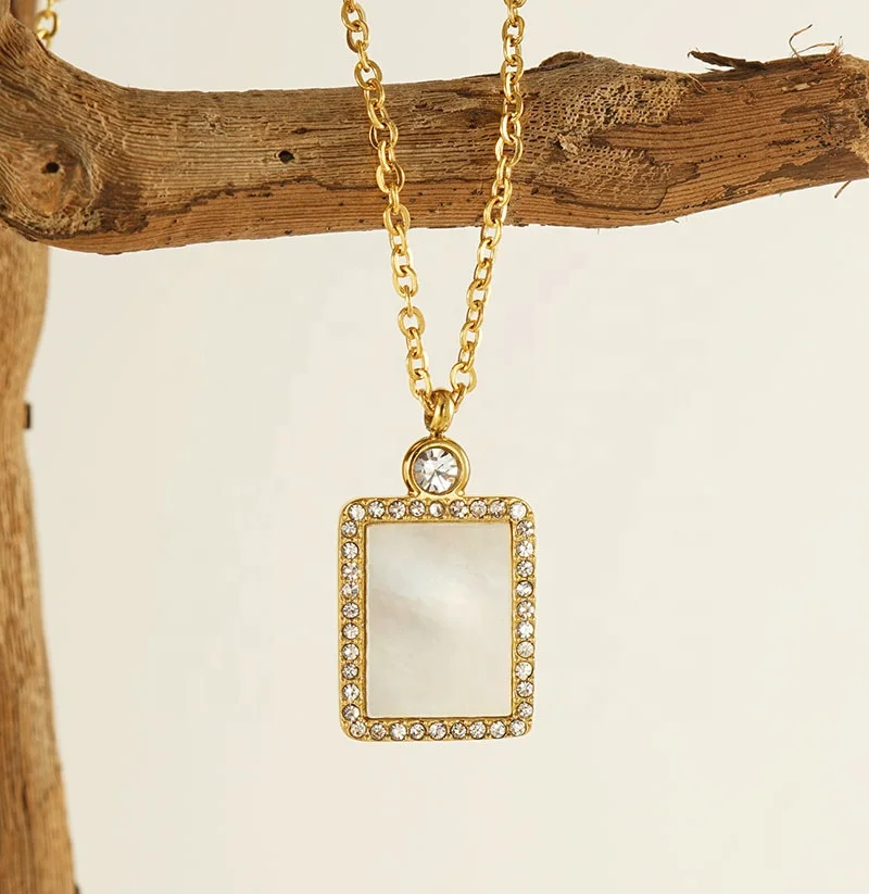 MECYLIFE Birthday&Christmas Gift 18K Gold Plated Square Natural Shell Jewelry Zircon Diamond Stainless Steel Birthstone Necklace