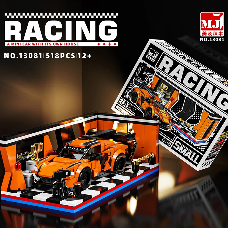 13081 MOC Orange RC Racing Car Building Blocks With Showroom Bricks Puzzle Toy Christmas Gifts for Adult Boy and Kids