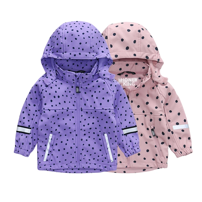 OEM Custom spring and autumn baby Kids girls Sweet Fleece Lined hooded softshell waterproof rain jacket Windproof coat kids wear