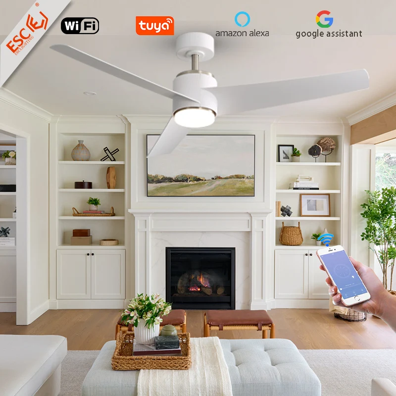 Home use etl ce rohs ceiling fan manufacturer 52 inch dc inverter white tuya smart ceiling fan with light