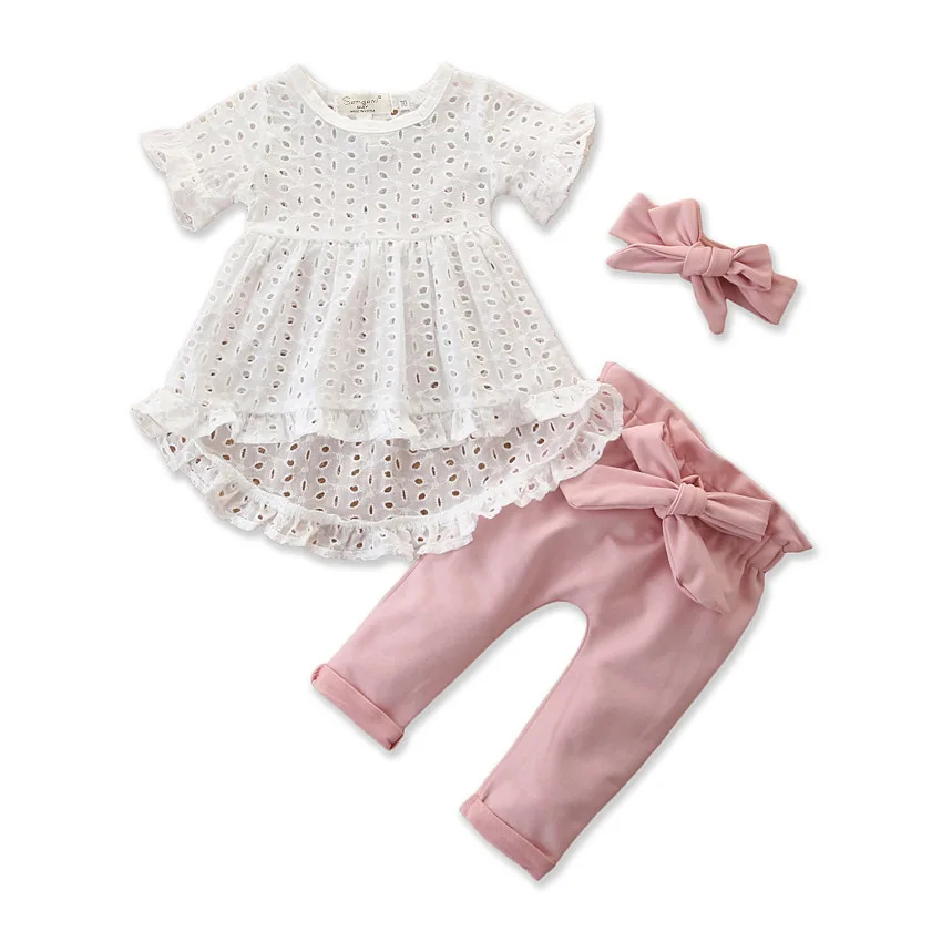 
3Pcs Trousers Headband Outfit Set Newborn Kid Baby Girl Clothes Lace Top T-Shirt Pants Short Sleeve Bowknote Pants Outfit 0-24M 