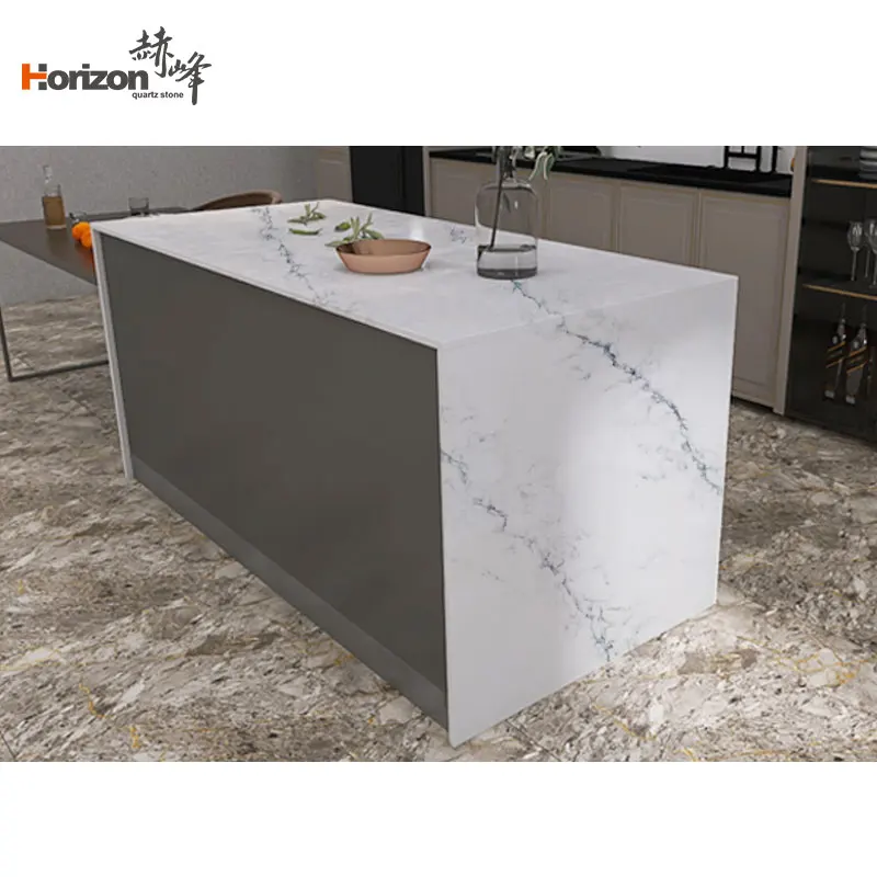 Horizon high quality calacatta white quartz slab artificial quartz stone countertops kitchen quartz stone island jacket
