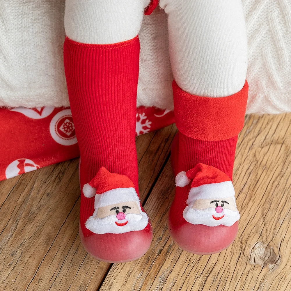 Wholesale Thickened Plush Warm Baby Shoes New Year Baby Gift Christmas Socks Non-Slip Baby Rubber Soles Socks