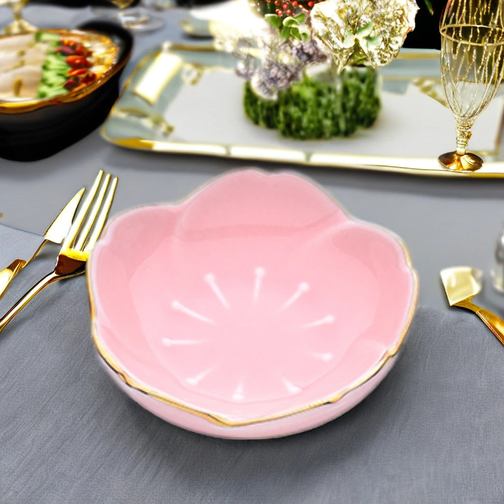 FENN New Products Flower Shape Ceramic Sauce Serving Small Set of Dishes with Gold Rim for Home Kitchen Restaurant Hotel