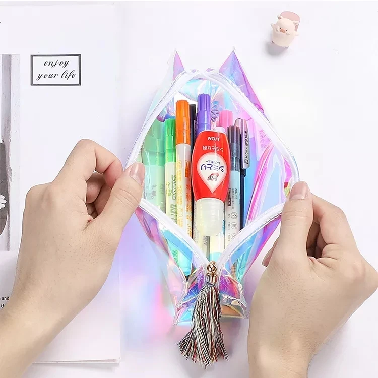 Holographic PVC Pencil Storage Bag Colorful Laser Stationery Pencil Case With Tassel