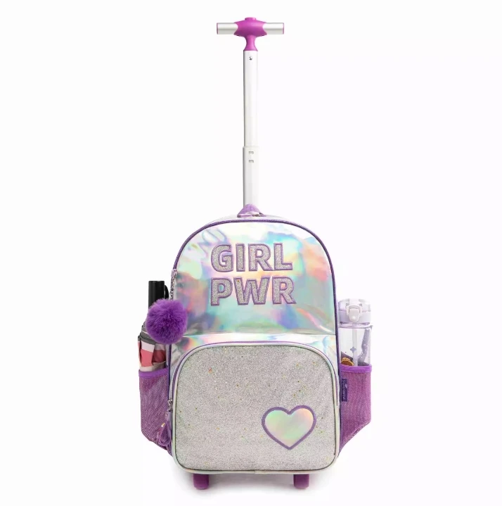 High Quality Lightweight Glitter Pull Trolley Backpack School Girl Kids Backpack with Trolley for Students Children School Bags