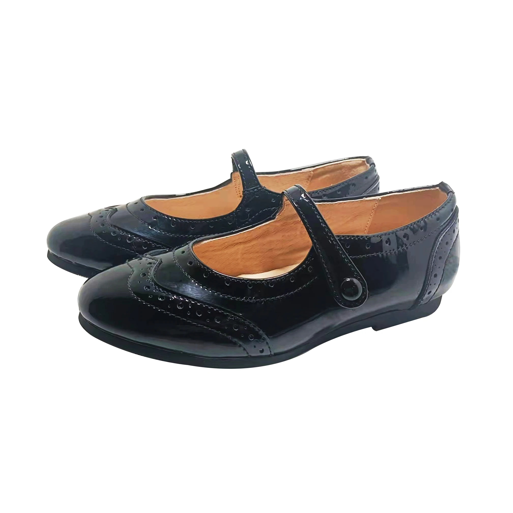 Factory customized children school shoes Mary Jane dressing flat black cow leather shoes for girls