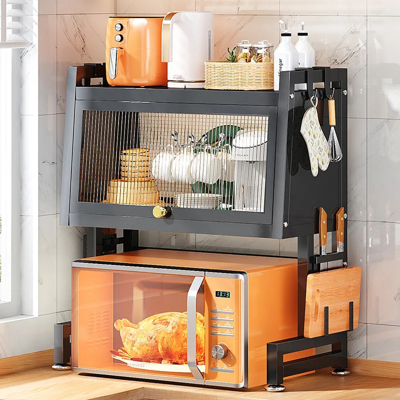 Two-layer Microwave Oven Rack Metal Kitchen Storage Cabinet with Door for Countertop Pot and Electrical Oven Storage Rack Double
