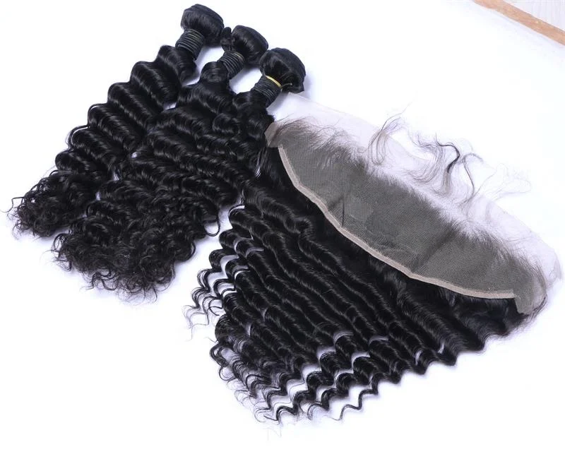 High Quality Brazilian Raw Hair Closure Human Hair Weave Bundles Frontal Deep Wave Human Hair Bundles With Closure