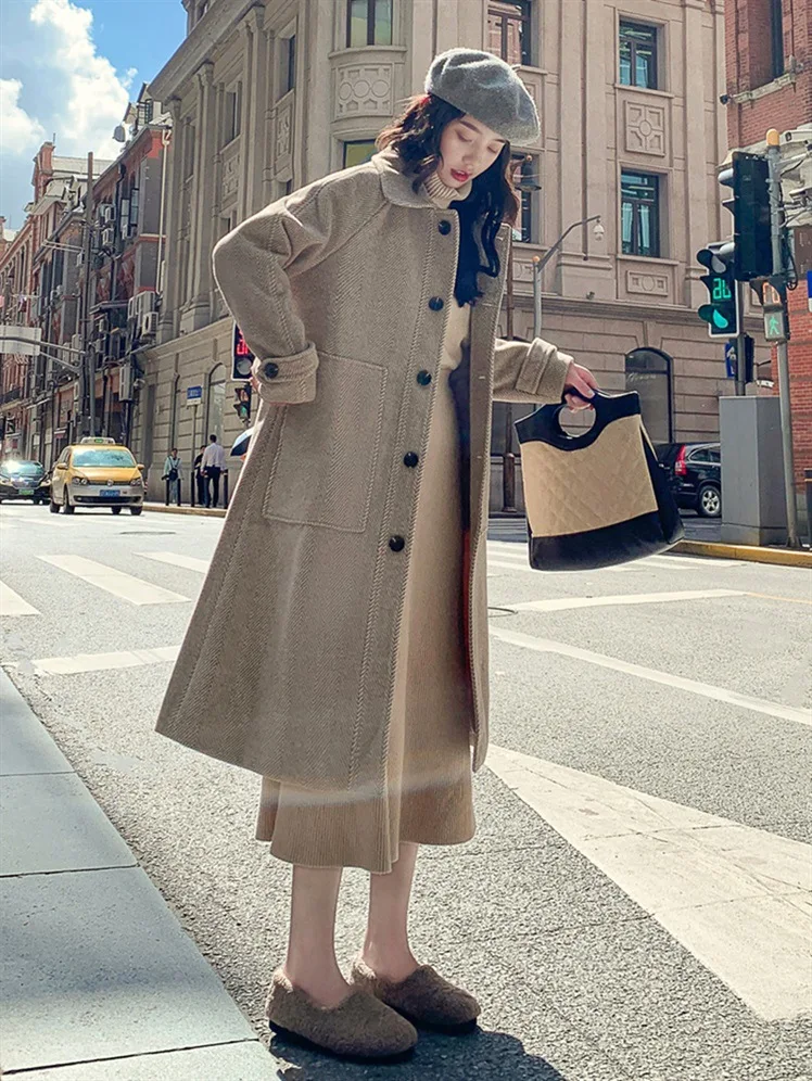 high quality hot selling winter warm formal streetwear ladies office long sleeve knee length woolen coat women