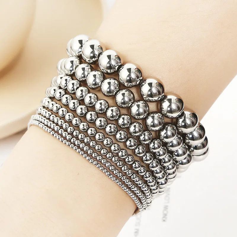 Various Size Stainless Steel Round Ball Silver Plated Multi Size Beaded Stackable Stretch Bracelets Wholesale