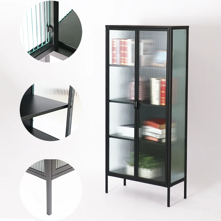 Wholesale metal glass cabinet household furniture 2 door wave glass book storage cabinet glass wine display cabinet
