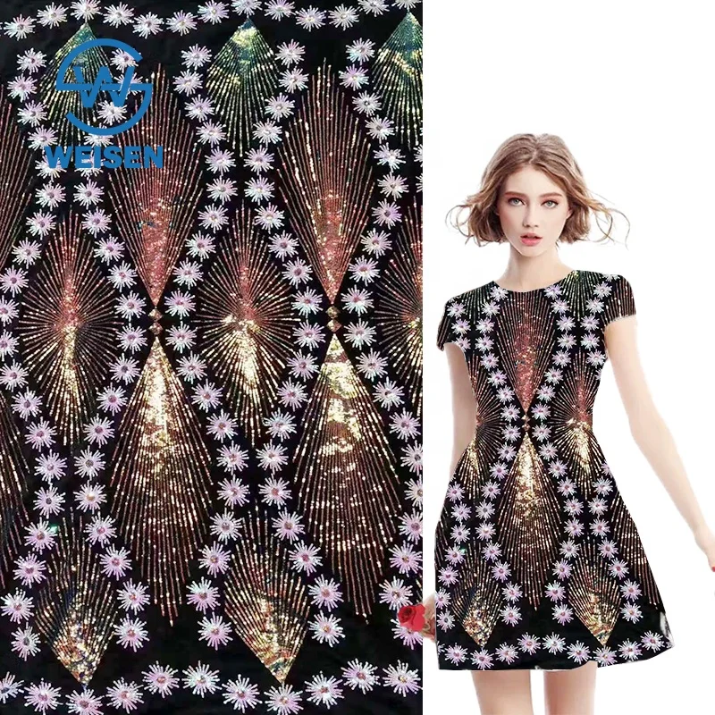 New Flower Holographic Hologram Wholesale Design Net Lace Embroidery Fabric Sequin