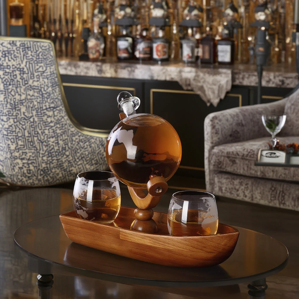 Custom 1000Ml World Globe Whiskey Decanter With Creative Wooden Boat Tray Fancy Whiskey Dispenser Globel Gift Set