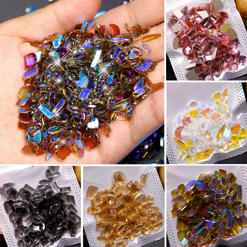 100pcs a bag of aurora color glass shaped crystal stone 3D nail art rhinestone patch DIY rhinestone flat back