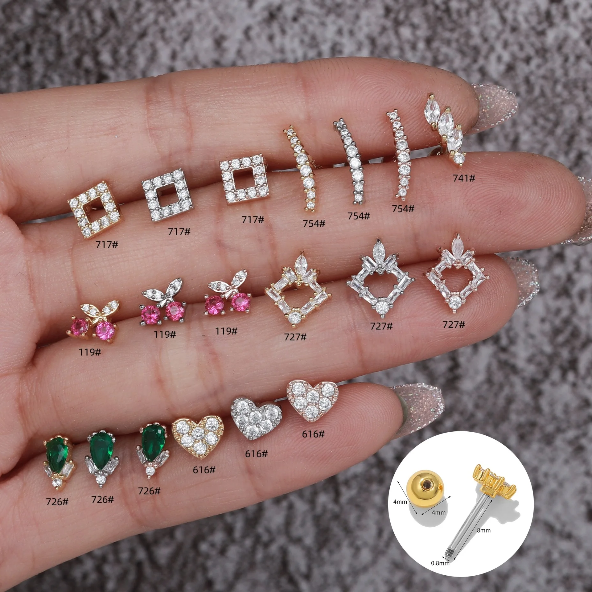 Simple Zircon Ear Bone Nails Girl Brass 18K Gold Plated Cherry Heart Square Geometric Shaped Studs Piercing Earrings For Women