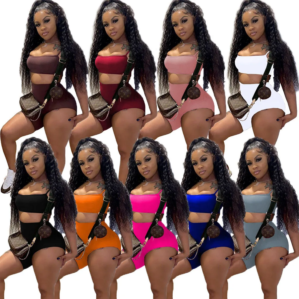 2022 Summer Neon Two Piece Low Cut 2 Piece Set Women Clothing Sport Backless Crop Top And Short Set