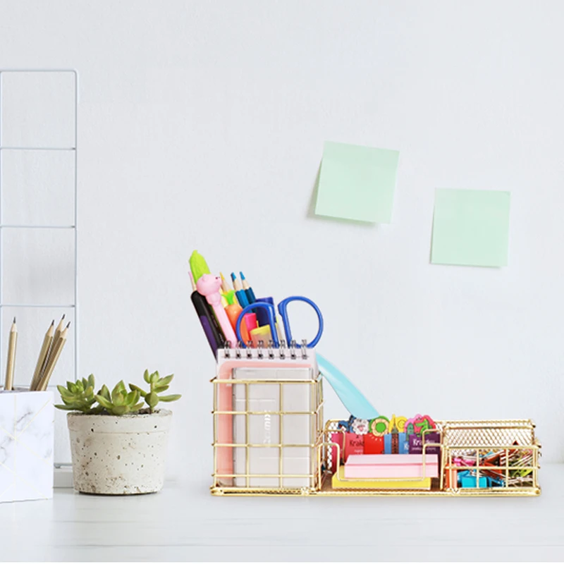 Comix Wholesale Multi-function Office Mesh Gold Desk Stationery Organizer Drawer Makeup Cosmetic Storage Box