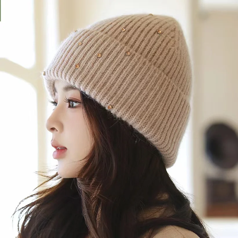 Female winter South Korea new gentle fairy rabbit hair knitted hat thick warm hat small fragrance light luxury diamond hat