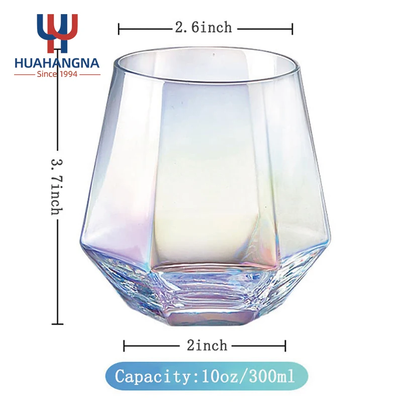 Crystal Glass Spirit Bourbon Cognac Scotch Cocktails Whiskey Glass 10oz Rainbow Diamond Stemless Wine Glasses Set for Wedding