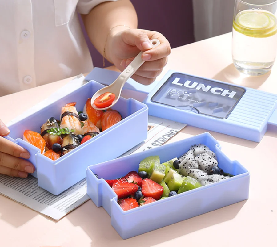 1.2L Stackable Plastic Lunch Box with Side Lock Lid and Spoon, Dual Tiers Double Layers Bento Container