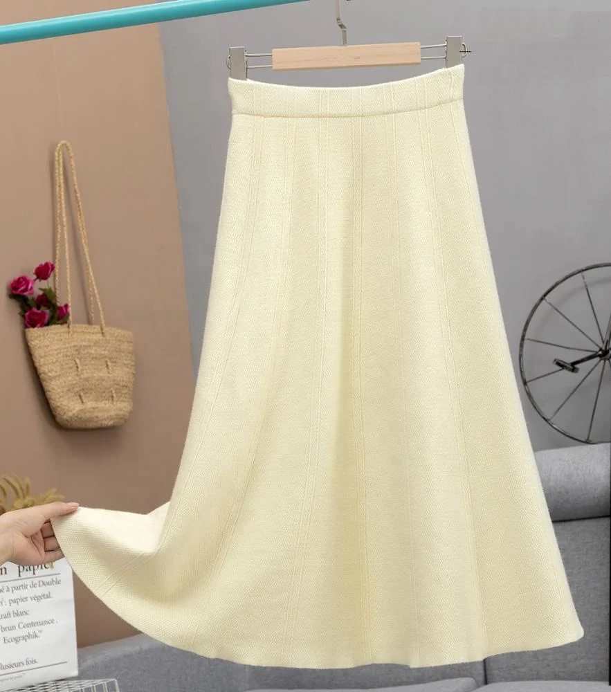 B51337A Korean style autumn winter ladies high waist elegant A-line knitted skirt