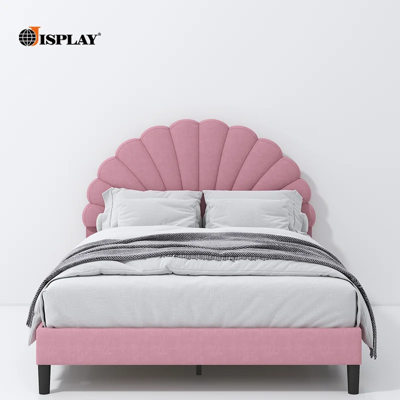 Customized high quality king double size upholstered bed double bed frame with pink Headboard