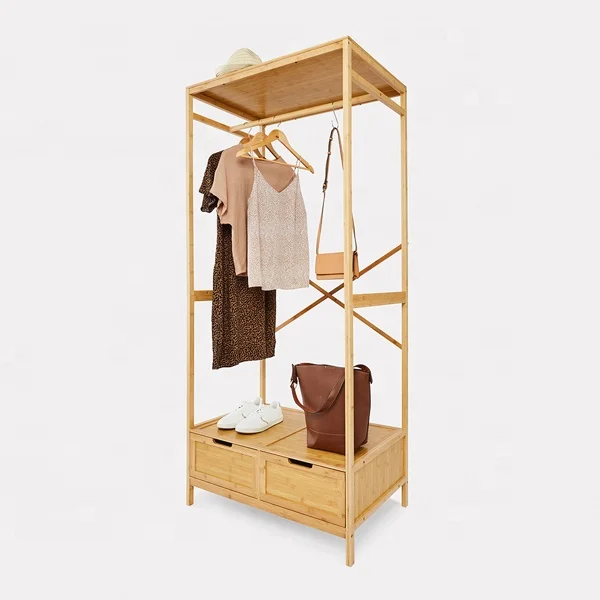 Daily Life Living Room Bamboo Clothes Coat Rack Garment Rack With Drawers_BSCI Factory