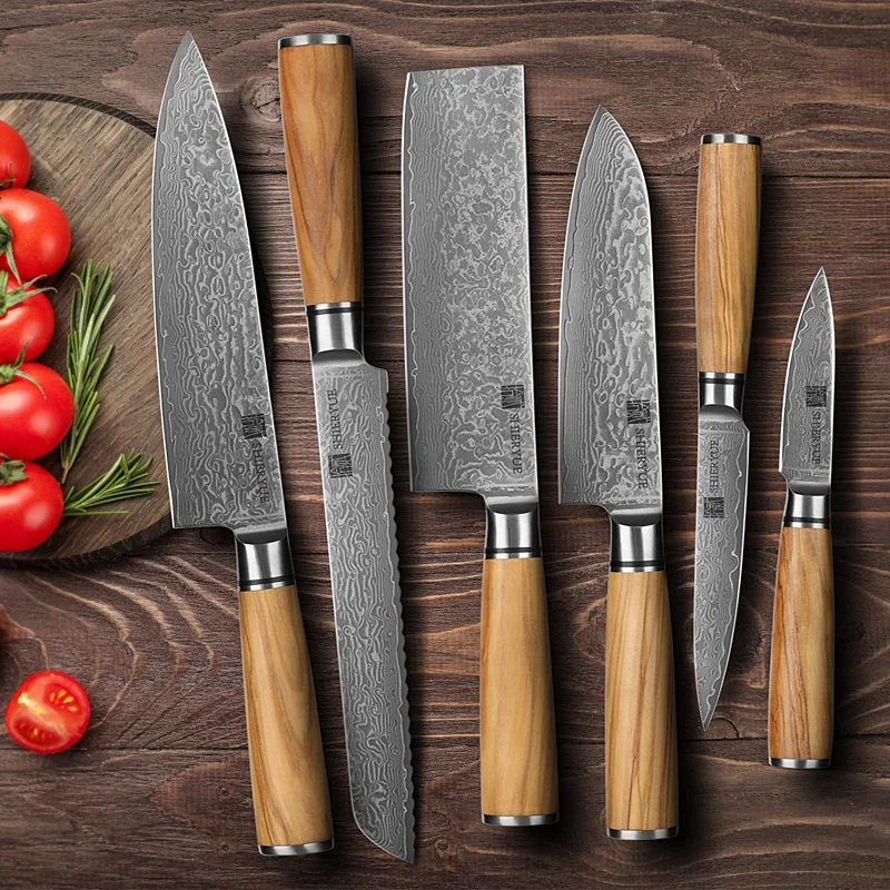 OEM custom Noble raw wood handle damast chef knife vg10 damascus kitchen knife set with silver ring