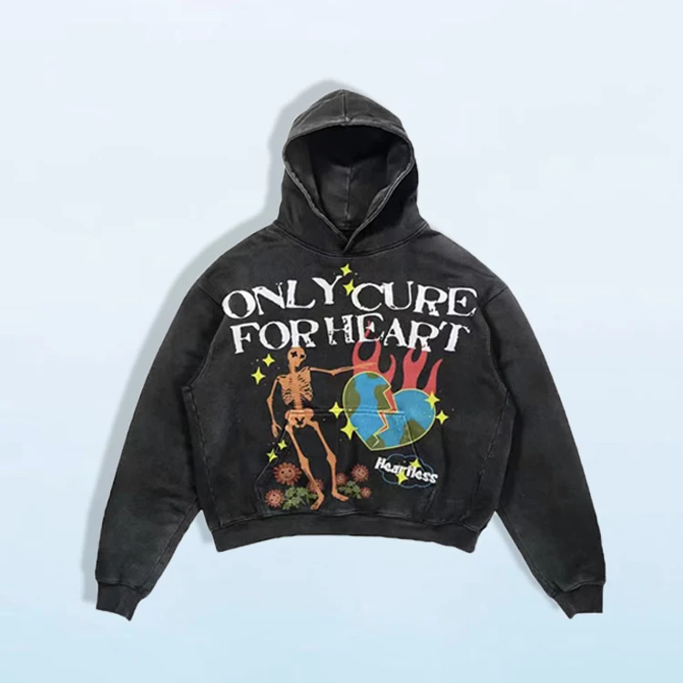 huili wholesale 400gsm 100% cotton Y2K vintage hoodie men Halloween skull print hoodies custom logo stone wash hoodie