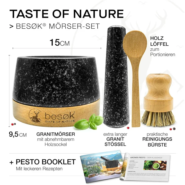 Natural Granite Mortar and Pestle set with oak wood base