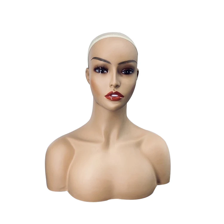 Women Pvc Material Double Shoulder Bald Black Mannequin Head With Shoulders For Wigs