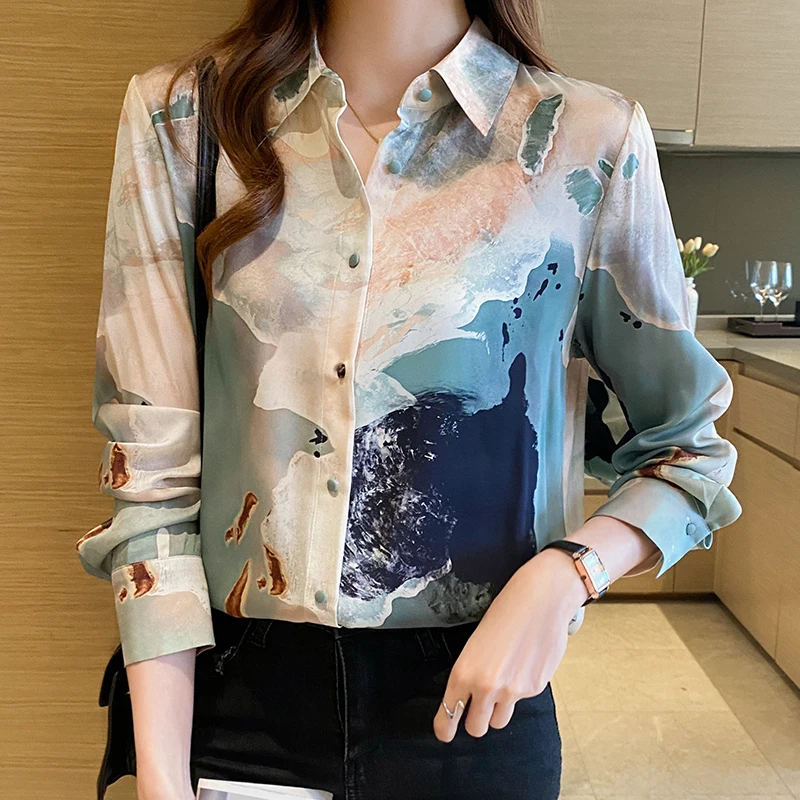 Spring Autumn Fashion Mulberry Silk Polo Gradient Ramp Long Sleeve Blouse Shirt Women Chic Contrast Color Work Shirts Ladies