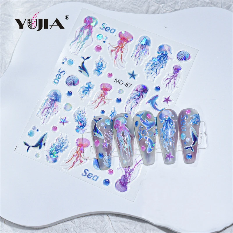 New design laser Nail Stickers Ocean Collection Jellyfish Dolphin 3D Nail Art Stickers