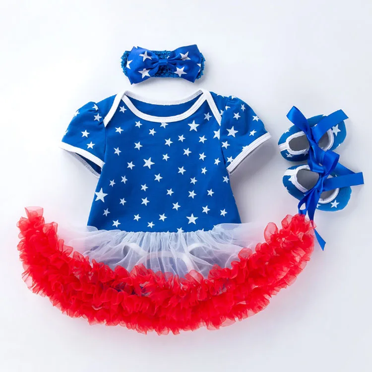 
New Independence Day Short Sleeve baby Romper Skirt Jumpsuit Shoes Three Piece Girls Clothes Dress Sui 