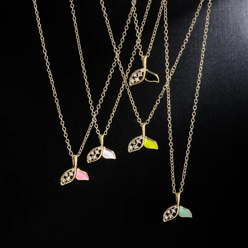 Ocean Style Dripping Oil Fish Tail Pendant Necklace Dainty Gold Plated Micro Pave CZ Animal Tail Necklace Jewelry