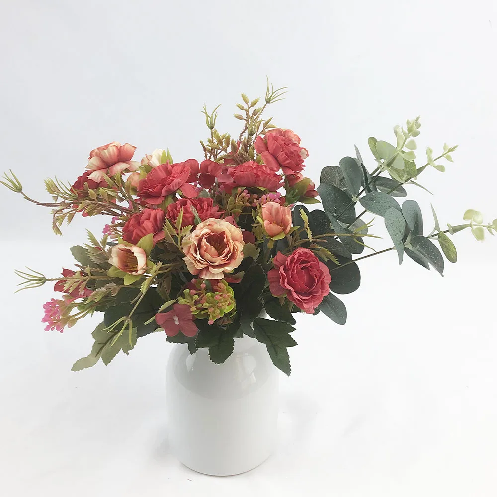 
silk fabric faux simulation small peony rose bunch in white ceramic vase home decor wedding decoration 