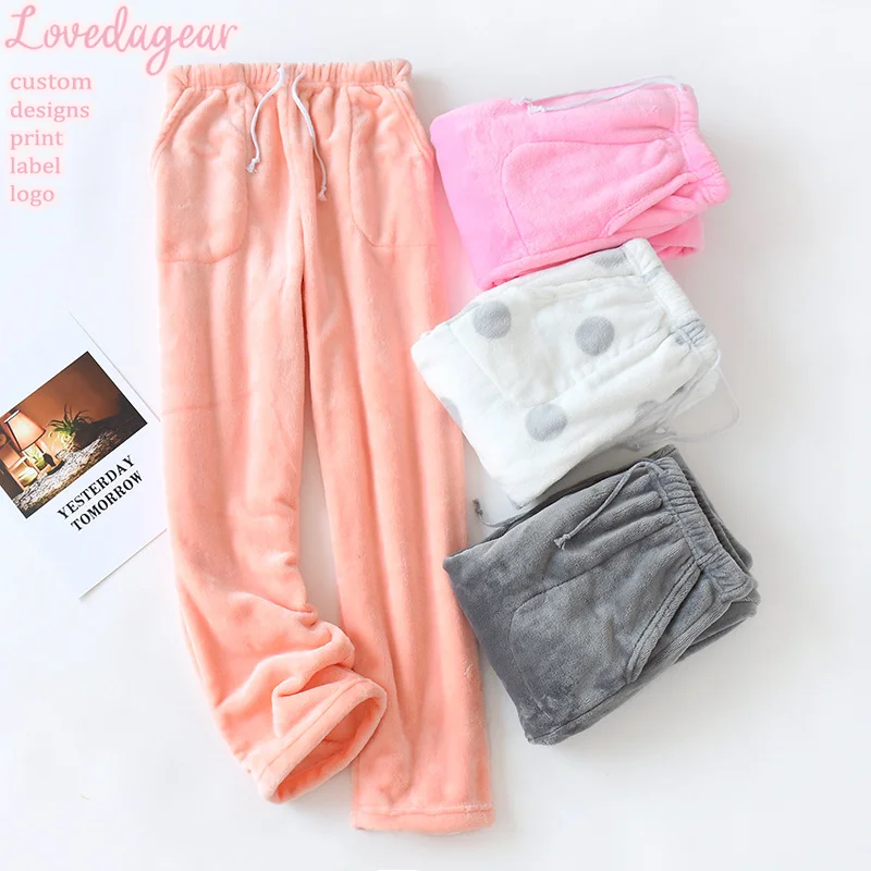 Loveda ODM OEM Women Winter Plain Dyed Warm Sleepwear Loungewear Elastic Waist Knitted Fur Flannel Pajama Pants