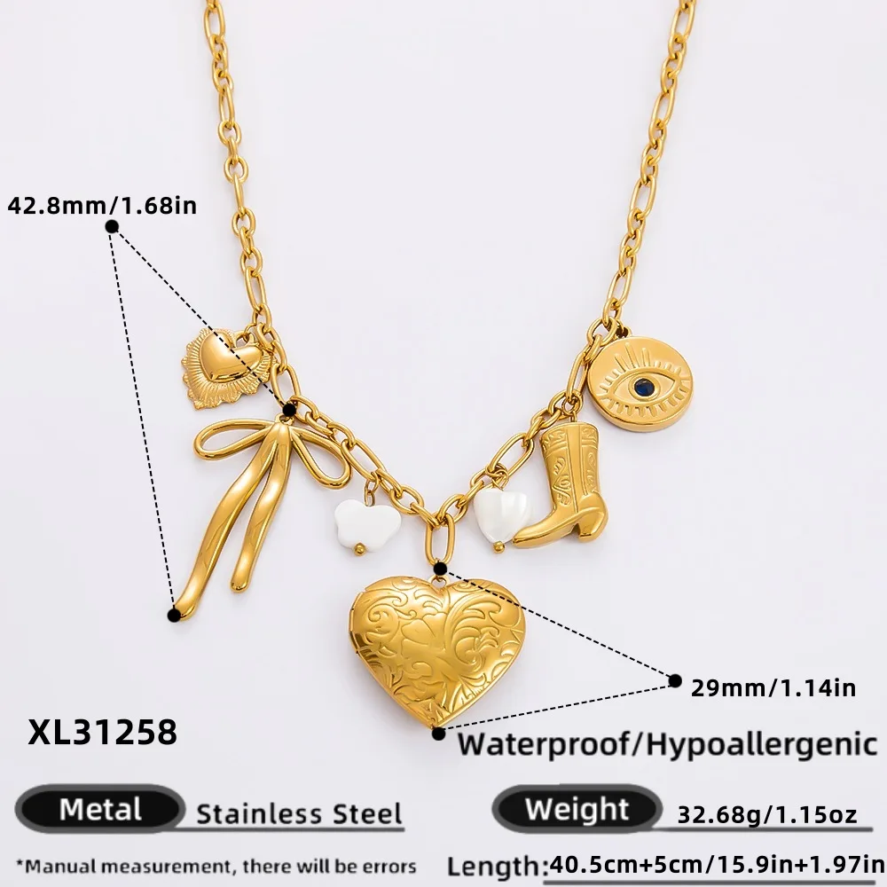 Vintage 14k Gold Plated Big Bow Knot  Pendant Necklace Stainless Steel No Fade Evil Eyes Hollow Heart Charms Pendant Necklace