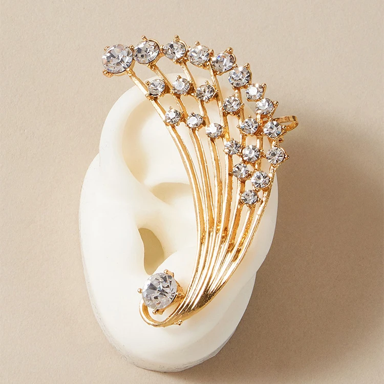 Personality Punk Wing Clip-on Earrings Fashion Spreading Wings Peacock Feather Rhinestone Crystal Cuff Earrings Women