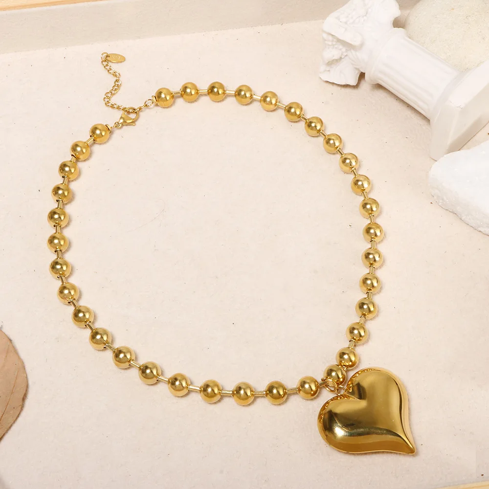 Wholesale Fine Waterproof 18k Gold Plated Stainless Steel Ball Chain Puffed Heart Chunky Heart Choker Necklace