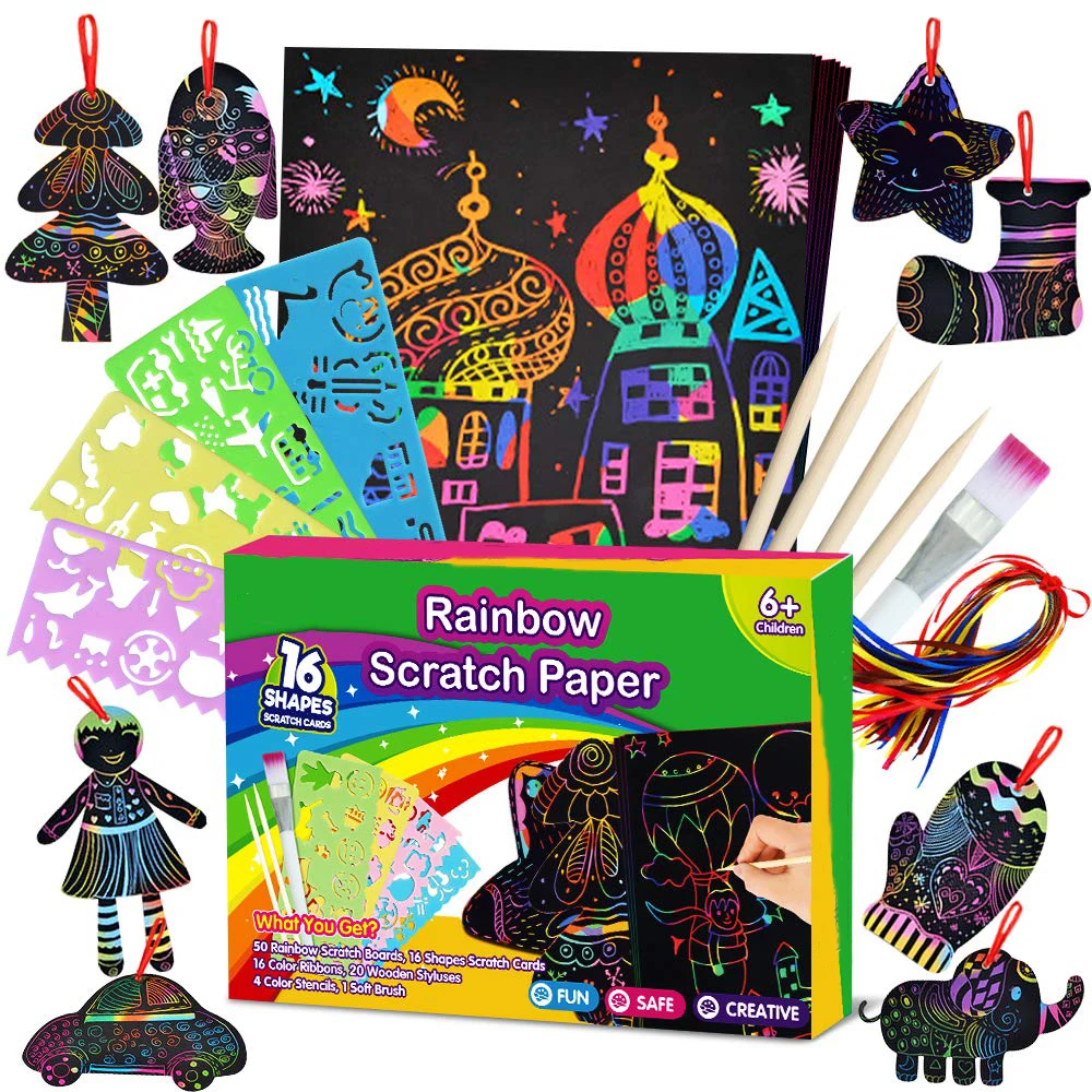 107 Pcs Rainbow Scratch Off Arts and Crafts Supplies Kits Sheet Pack for Children Girls Boys Scratch Paper Art Set for Kid