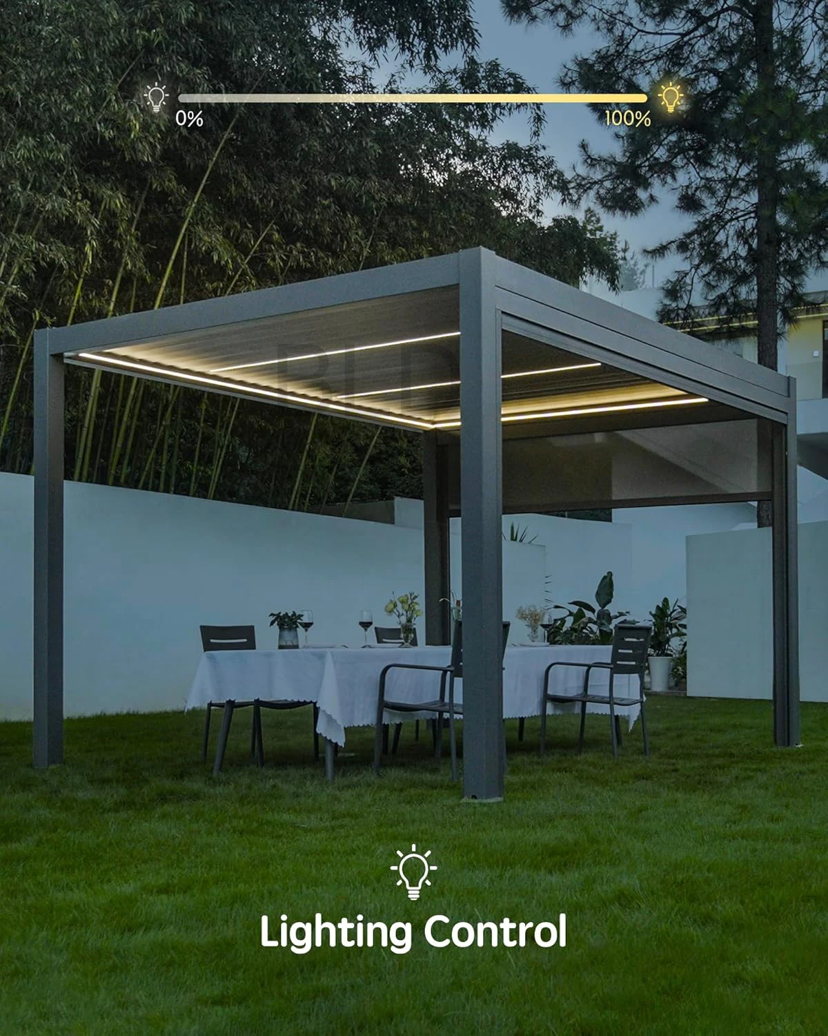 Luxury Modern Outdoor Pergola Aluminium Waterproof Louver Roof Metal Garden Gazebos with Electric Blinds and LED Lights